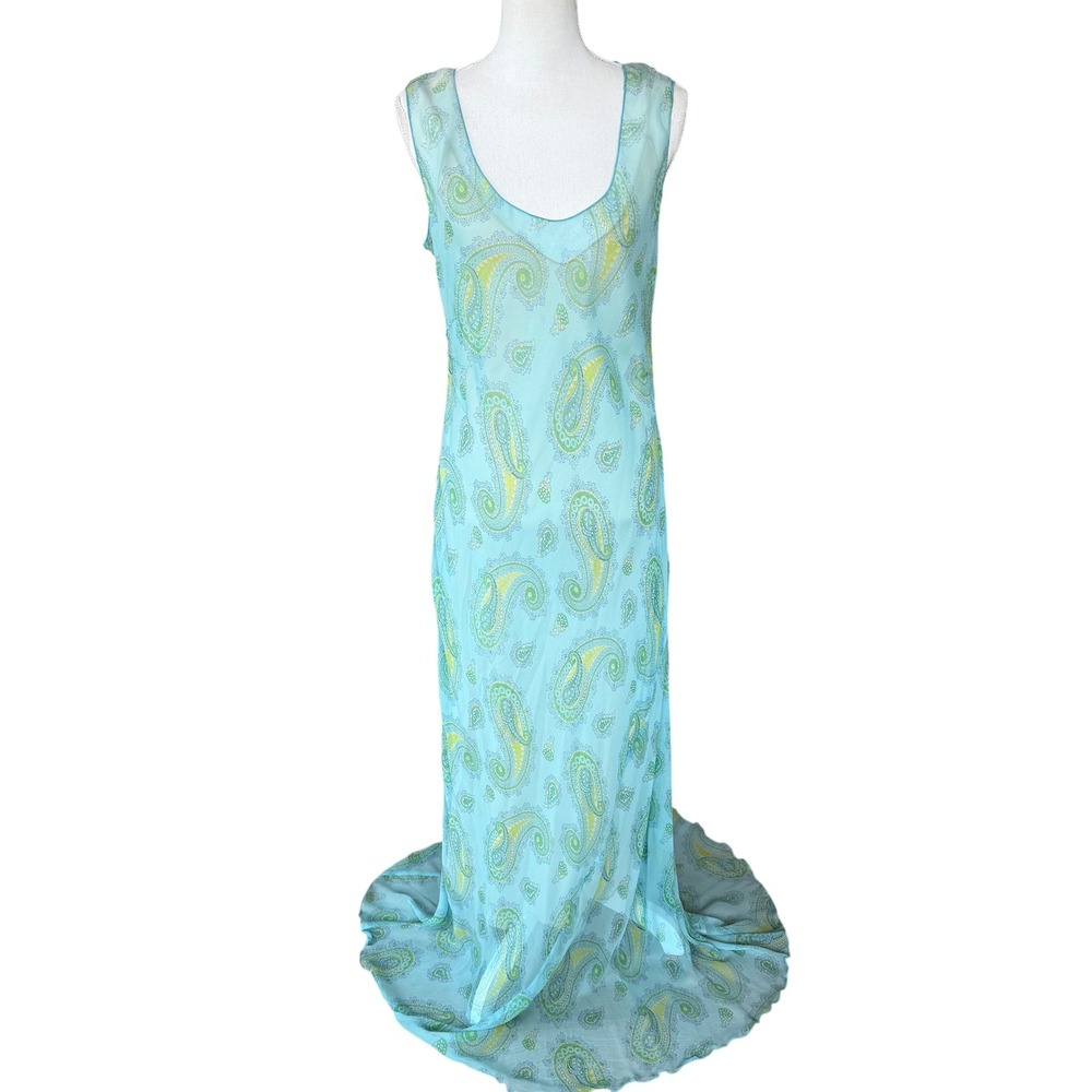 Hartnell Silk Turquoise Paisley Chiffon‎ Maxi Dress Sleeveless Green Blue SM